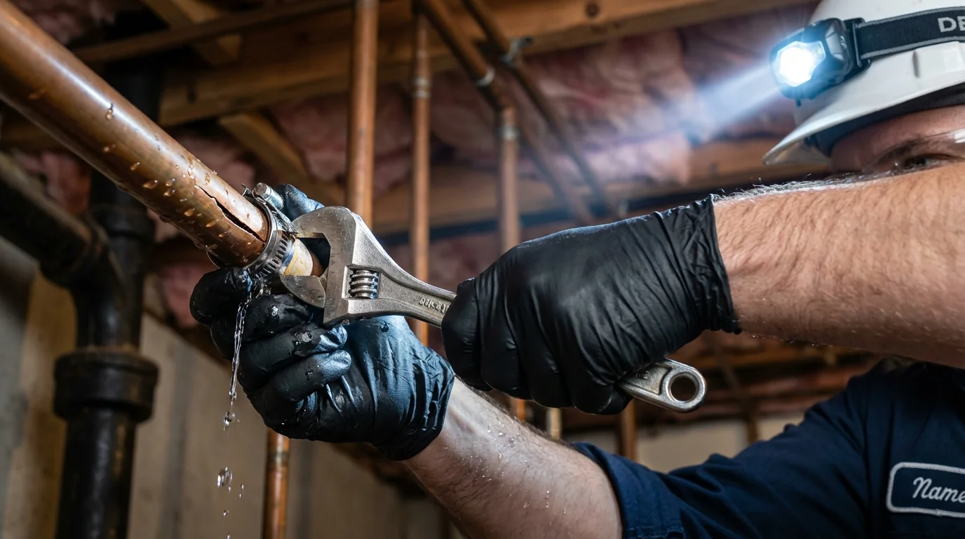 Emergency pipe clamp repair being performed by a Johns Plumbing LLC plumber in Medfield