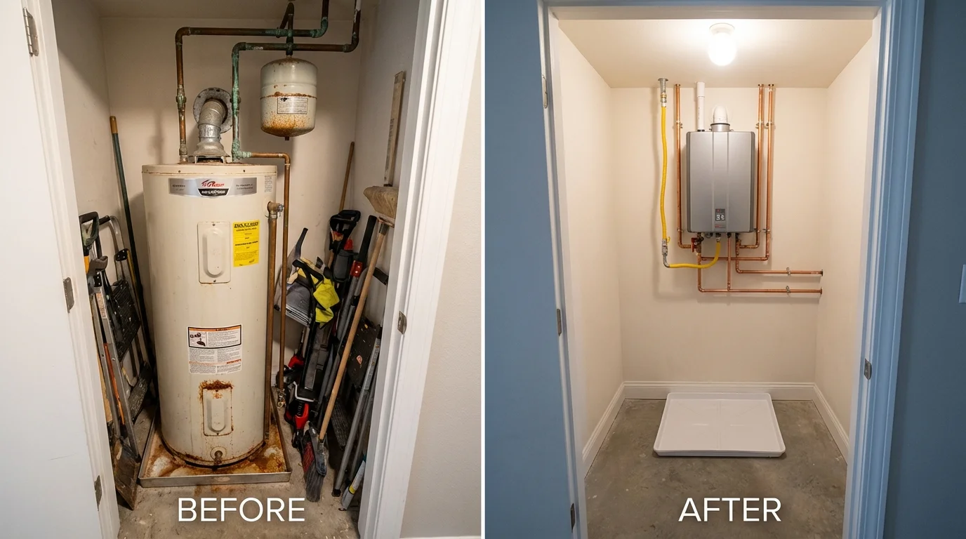 Tank water heater versus wall-mounted tankless unit comparison for Medfield, MA homeowners