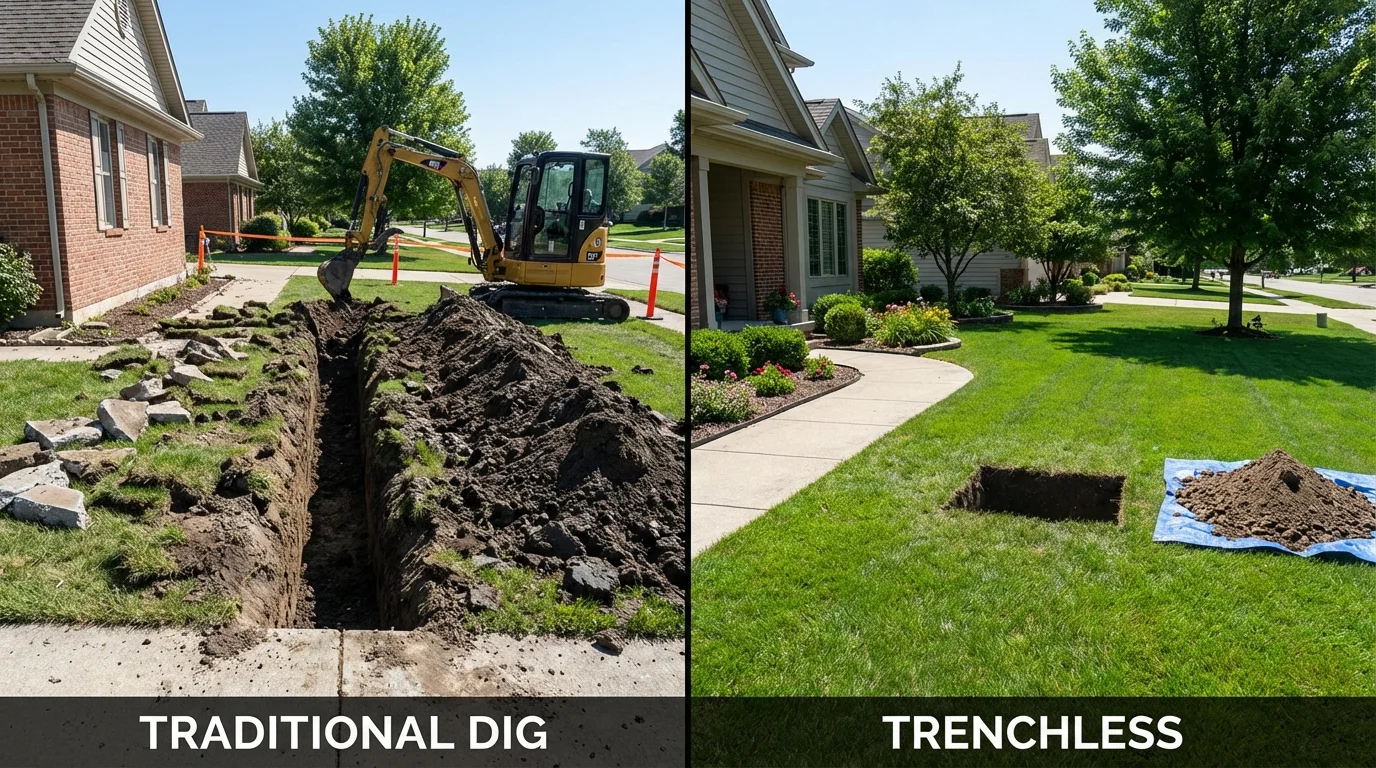 Trenchless sewer repair with minimal yard damage versus traditional excavation in Medfield, MA