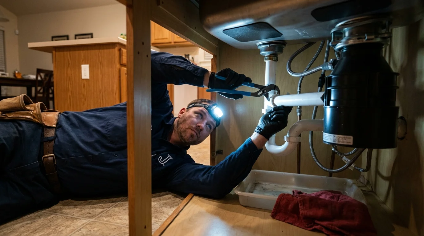 P-trap and supply line connections under a kitchen sink showing a common leak point in Medfield, MA